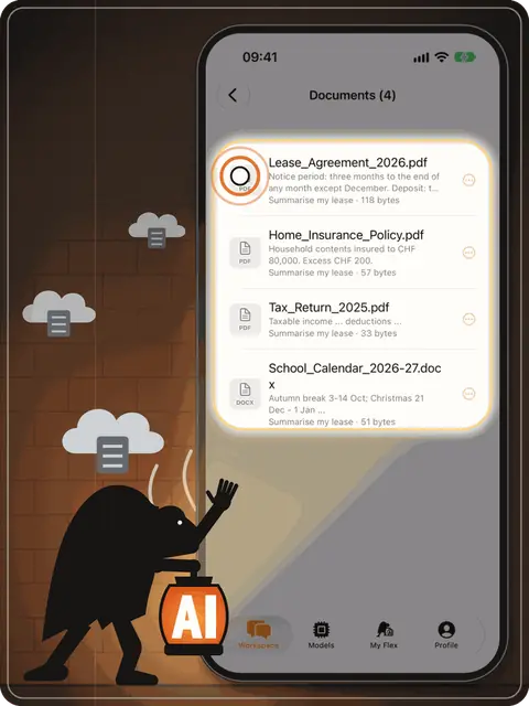 Ygor shoos cloud servers away beside a phone showing documents stored on the iPhone.