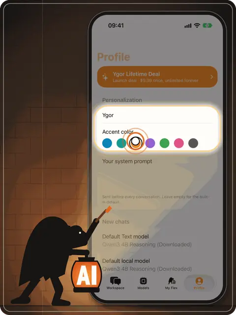 Ygor holds a dripping brush beside a phone showing the assistant name and colour swatches.