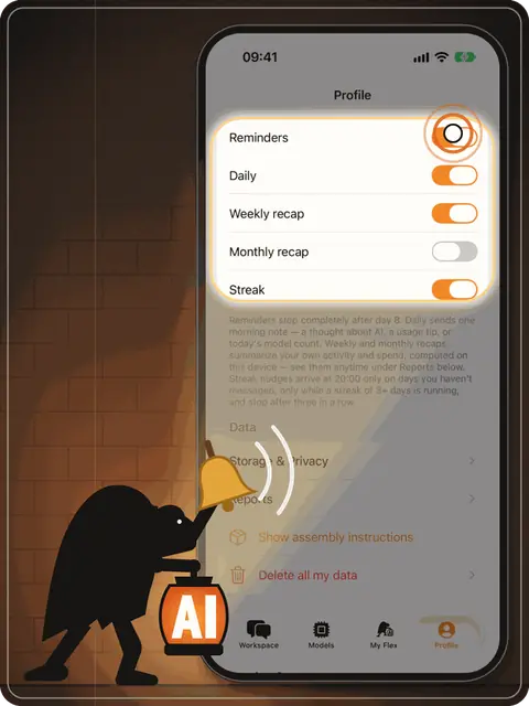 Ygor rings a bell beside a phone showing the notification toggles.