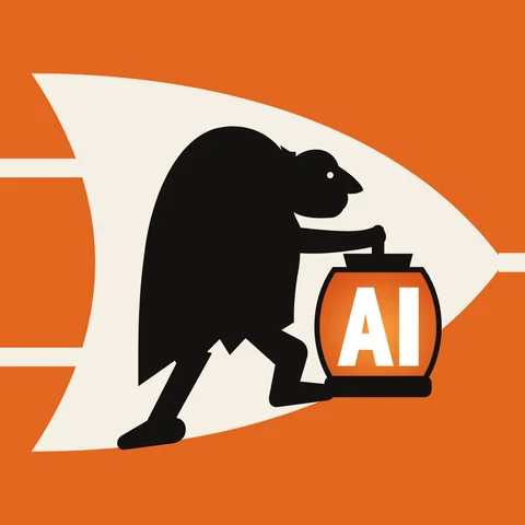 The Ygor app icon: a hunched lab assistant in silhouette carries a glowing lantern marked AI through a cream OR-gate on Ygor Orange.